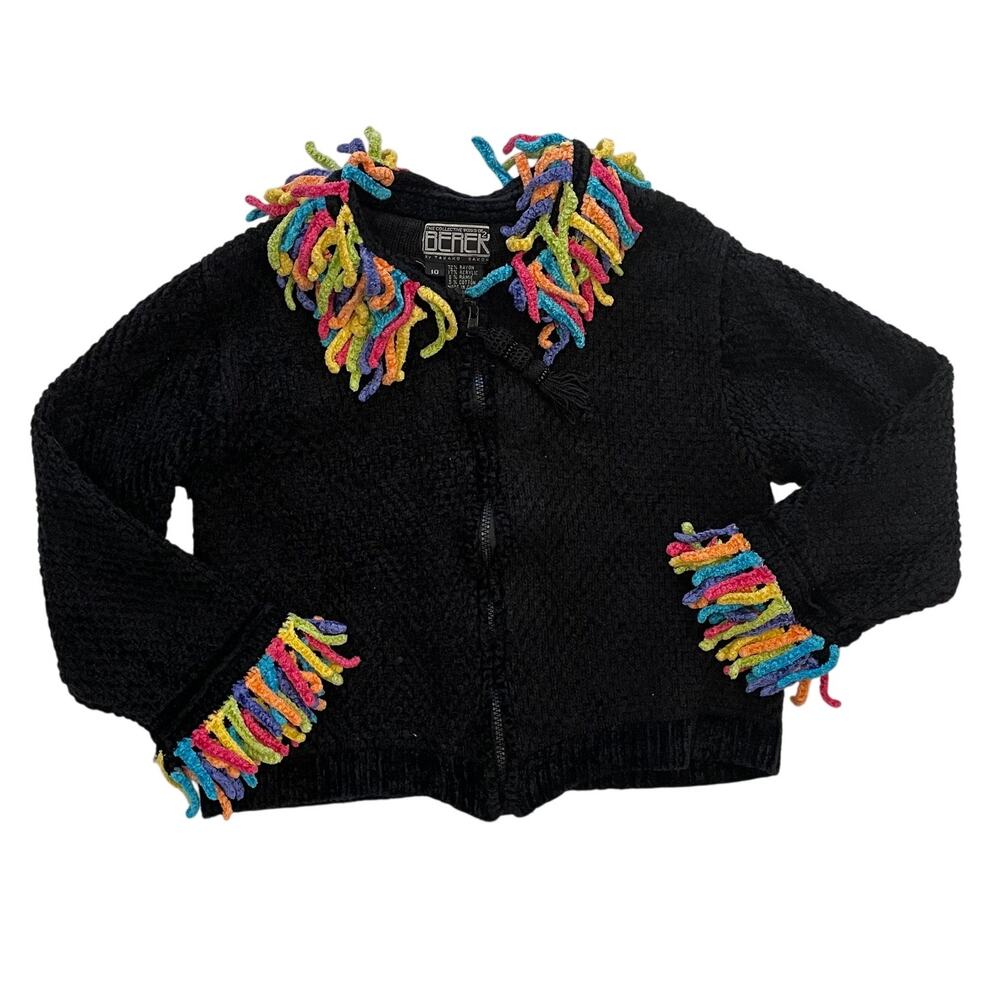Berek Girls Black Zip Up Sweater with Rainbow Fringe, Tassel Zip, Size 10